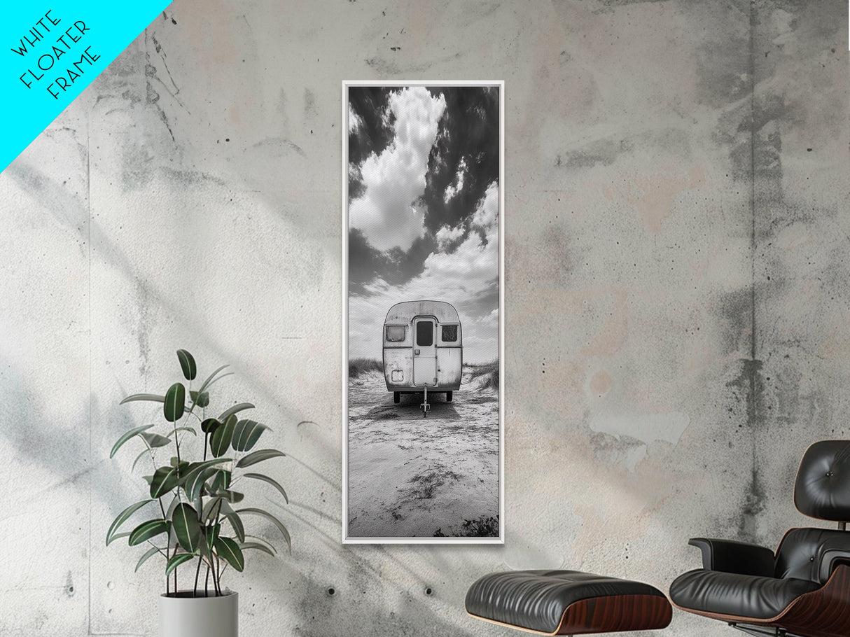 Vintage Camper, Cloudy Sky, Wanderlust Life, Desert Minimalism, Framed Canvas Print, Retro Travel Wall Art, Boho Bedroom Print, Office Art