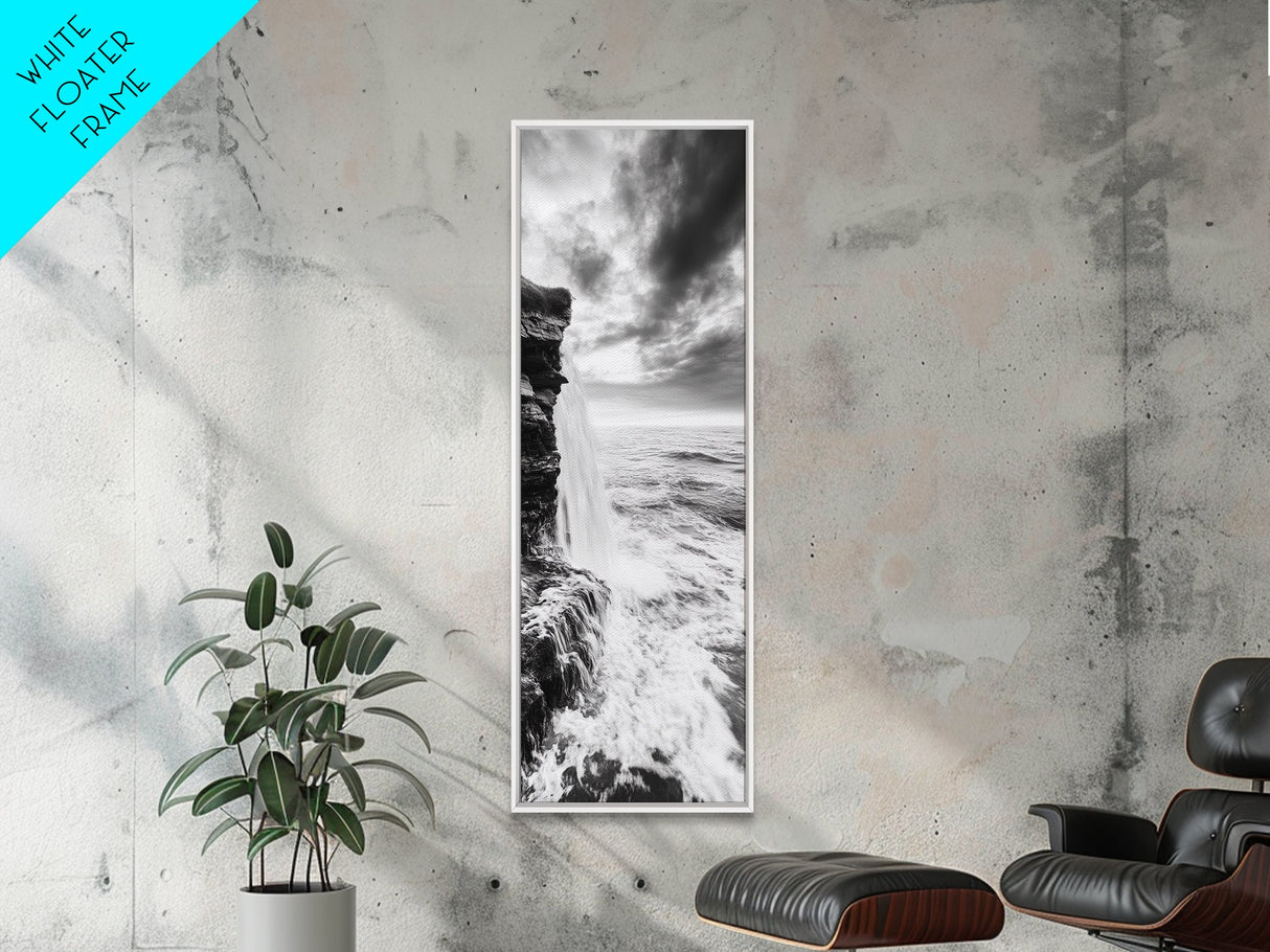 Ocean Waterfall, Coastal Nature, Monochrome Landscape, Framed Canvas Print, Minimalist Bathroom Wall Art, Black White Ocean Art