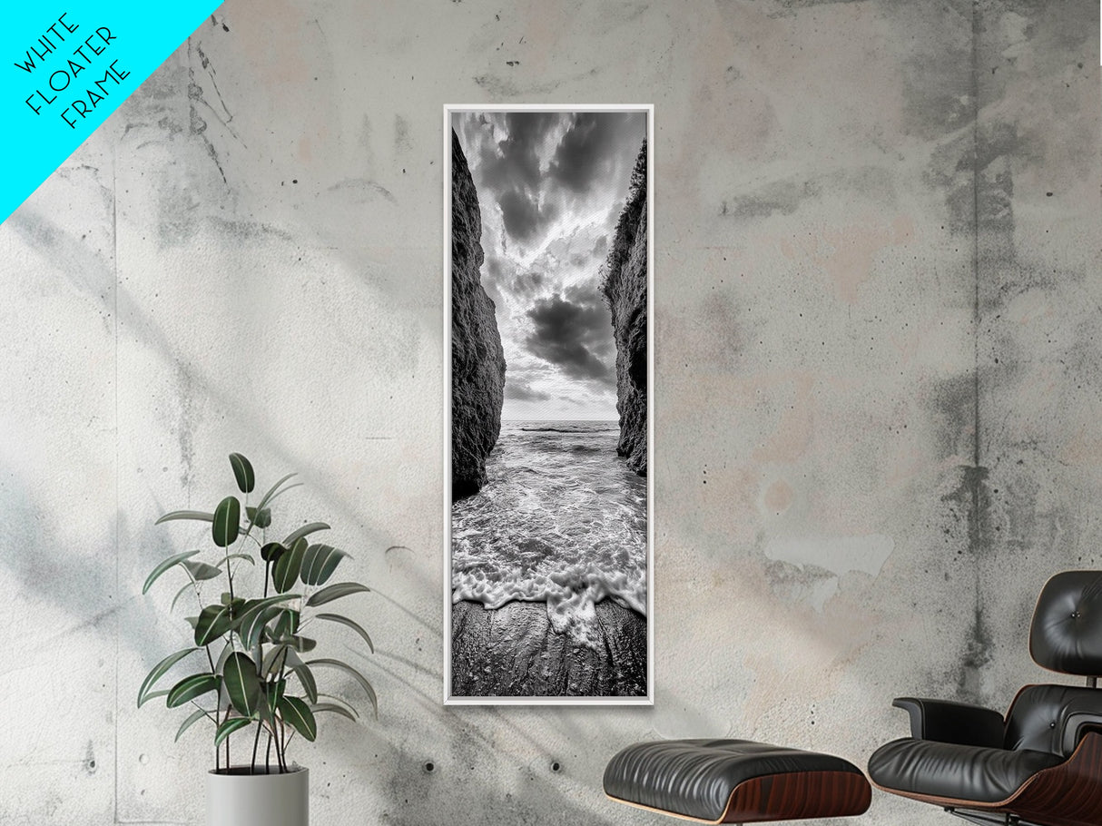 Ocean Gap, Cliffside Horizon, Black White Waves, Framed Canvas Print, Modern Coastal Wall Art, Nautical Living Room Decor, Nature Decor
