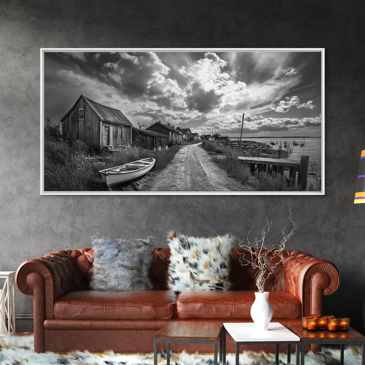 Seaside Village, Driftwood Cabins, Coastal Road, Vintage Fishing Town, Framed Canvas Print, Rustic Kitchen Wall Art, Moody Monochrome
