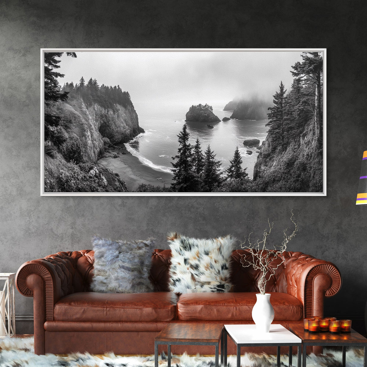 Misty Coastal Cliffs, Ocean Horizon, Monochrome Art, Nature Landscape, Canvas Print, Rustic Living Room Decor, Moody Wall Art, Black and White