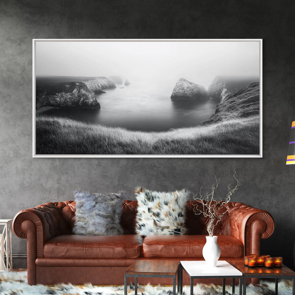 Serene Fog Cliffs, Dreamy Coastline, Soft Light Seascape, Canvas Print, Tranquil Bedroom Wall Art, Minimal Nature Photography