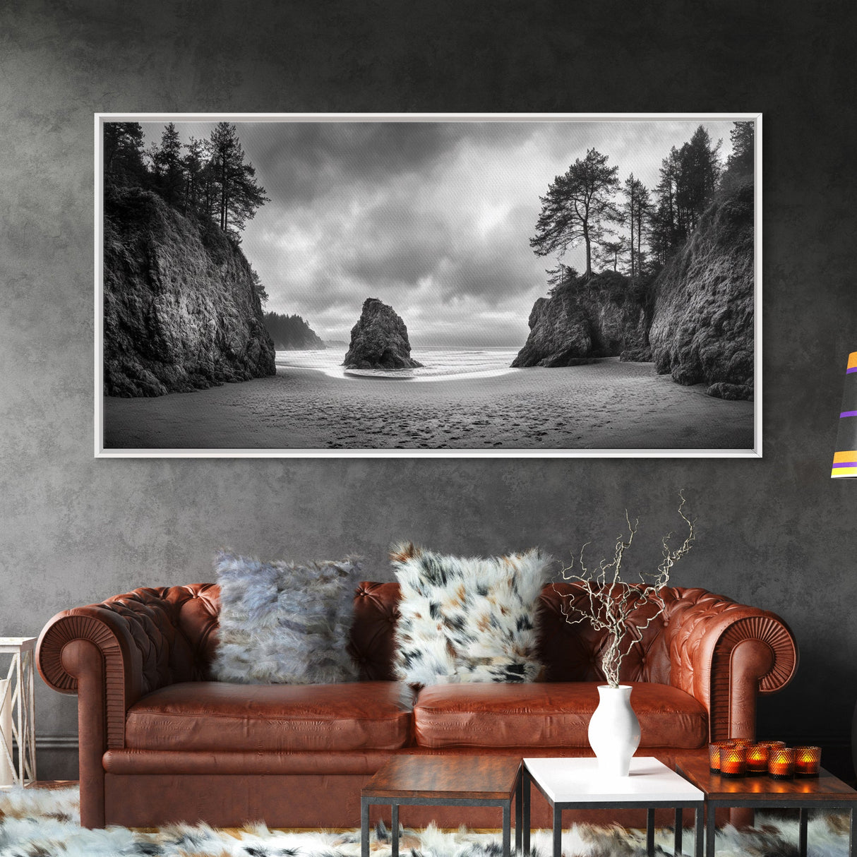 Hidden Coastal Cove, Dramatic Ocean Scene, Natural Seascape, Canvas Print, Rustic Cabin Wall Art, Black and White Beach Photography
