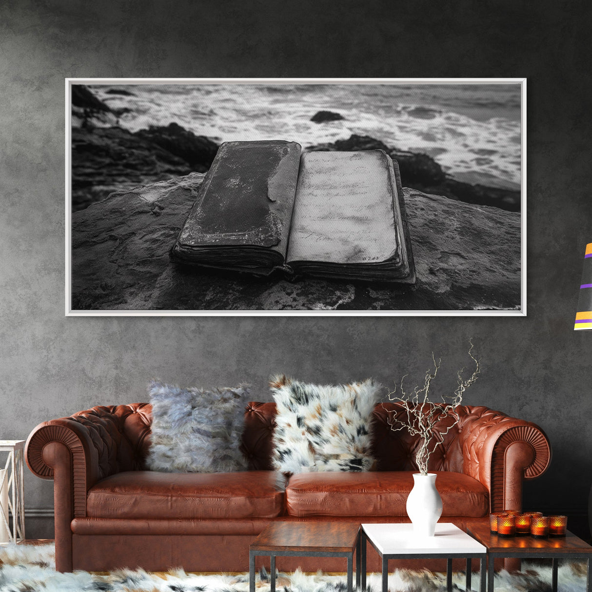 Weathered Journal Shore, Vintage Book, Ocean Background, Canvas Print, Antique Study Wall Art, Nautical Literary Photography