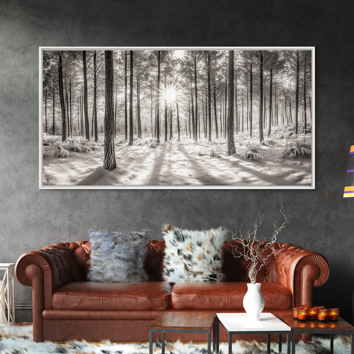Winter Pine Forest, Sunlight Snow Trees, Nature Landscape Photography, Framed Canvas Print, Cabin Decor, Minimalist Wall Art