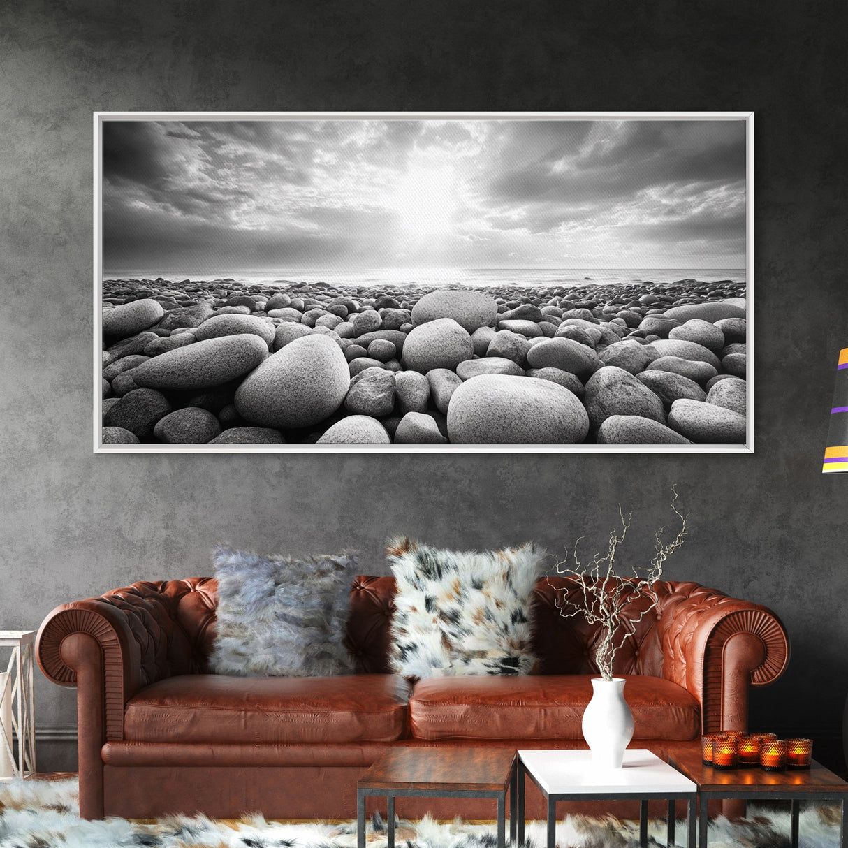 Pebble Beach Sunrise, Serene Rock Shore, Ocean Horizon Light, Framed Canvas Print, Bathroom Wall Art, Minimalist Coastal Decor