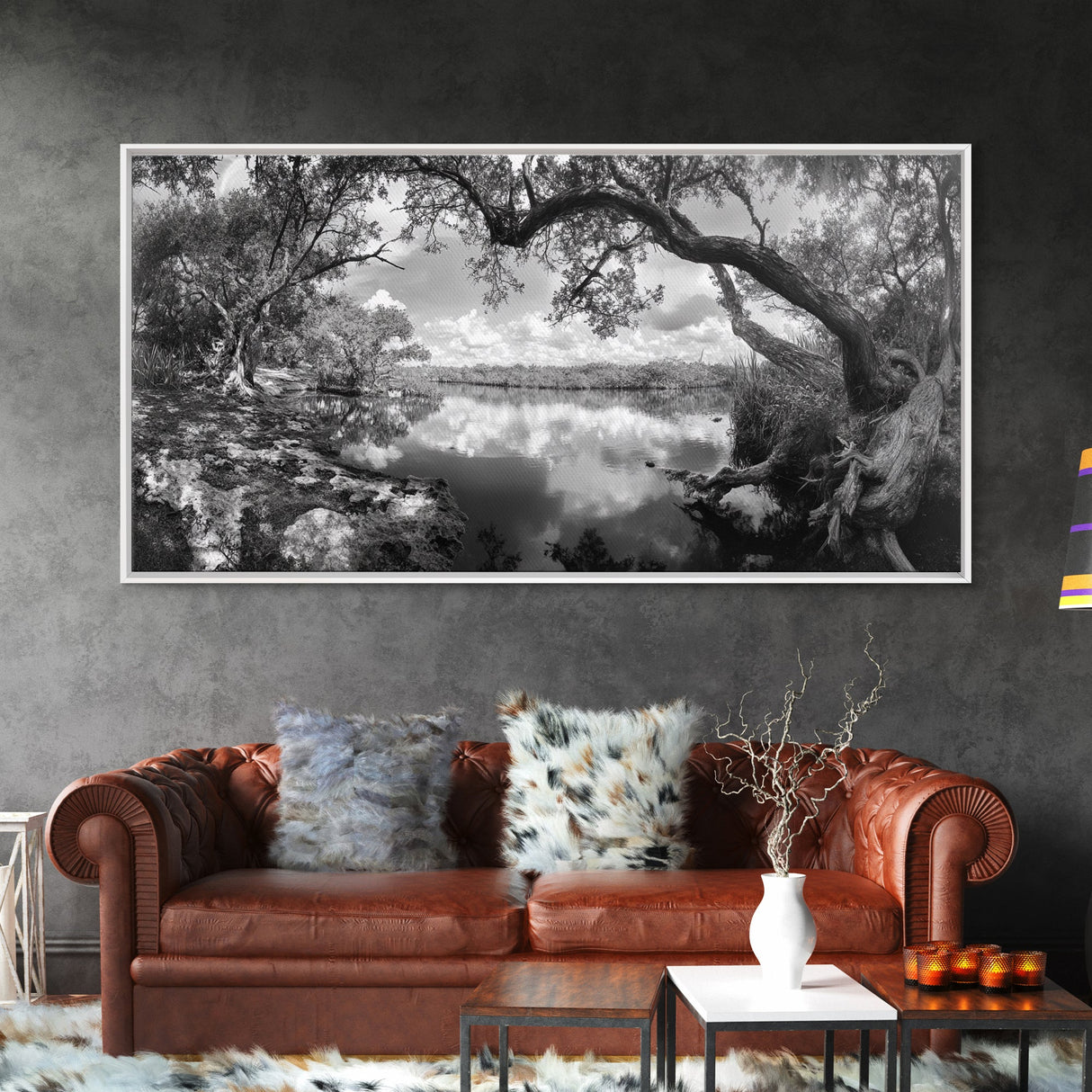Tree Arch Reflection, Tranquil River View, Nature Canopy Water, Framed Canvas Print, Bedroom Wall Art, Zen Landscape Art, Cabin Decor