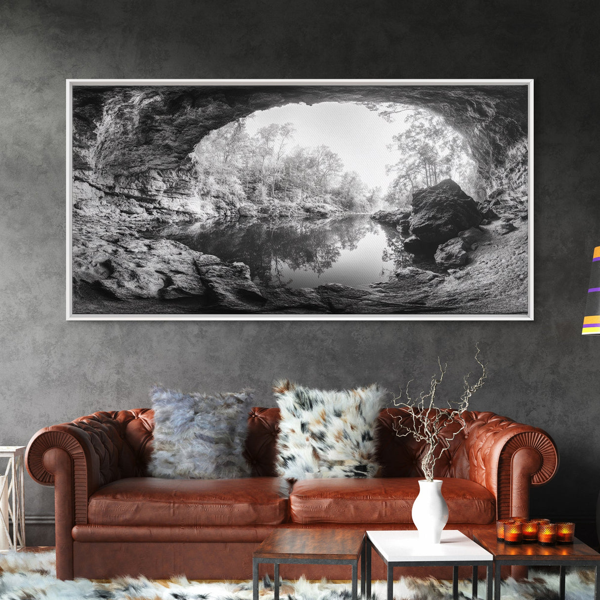 Cave Entrance Lake, Hidden Forest View, Rock Reflection Water, Canvas Print, Hallway Wall Art, Adventure Wilderness Decor, Minimalist Style