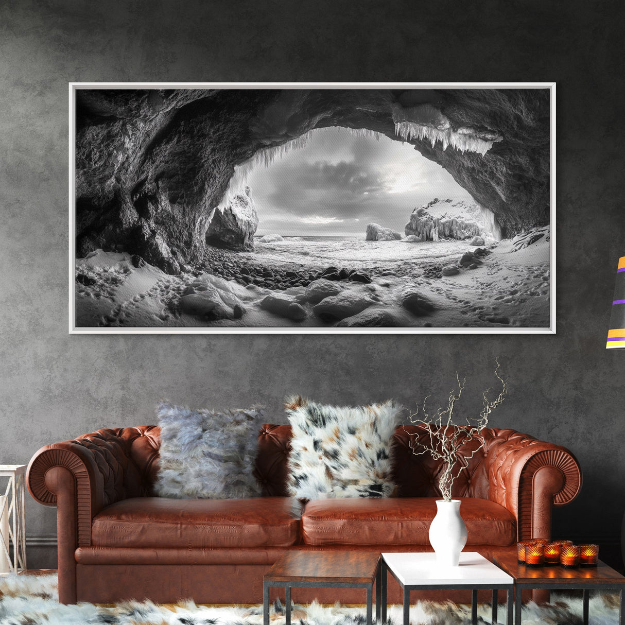 Frozen Ice Cave, Arctic Nature Art, Black and White Winter, Canvas Print, Holiday Wall Art, Nordic Cabin Decor, Winter Aesthetic