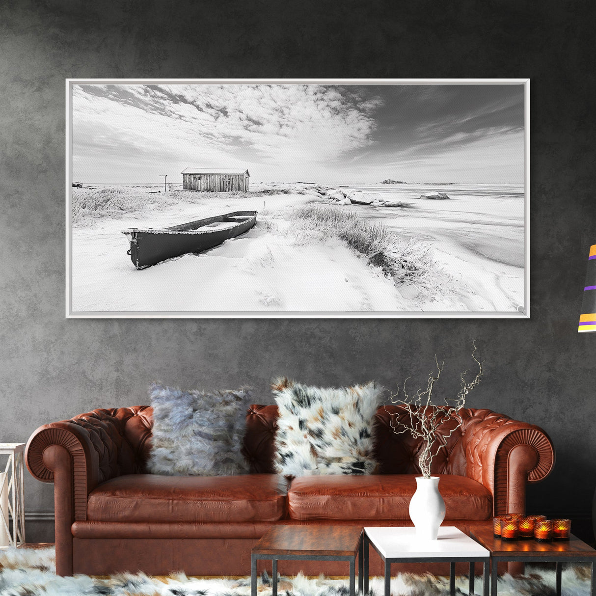 Snowy Coastal Boat, Rustic Winter Landscape, Farmhouse Wall Art, Neutral Tones, Canvas Print, Entryway or Fall Seasonal Decor