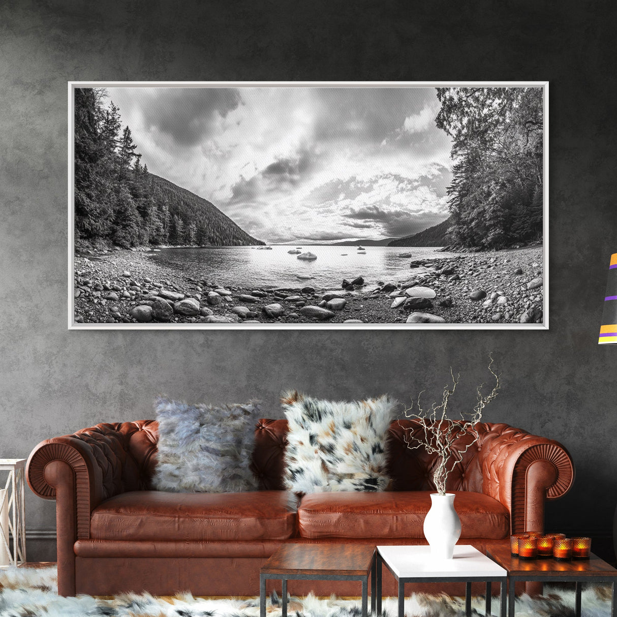 Forest Lake Serenity, Monochrome Nature, Tranquil Landscape, Canvas Print, Lodge Wall Art, Minimalist Cabin Decor, Black White