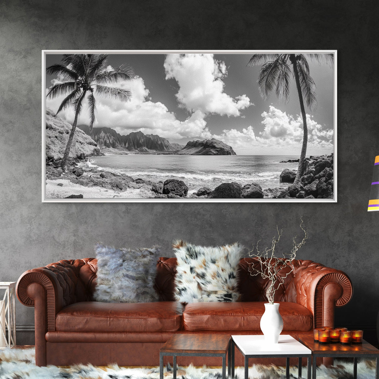 Tropical Beach View, Palm Tree Paradise, Black and White Island, Coastal Wall Decor, Canvas Print, Boho Living Room Art, Office Wall Art