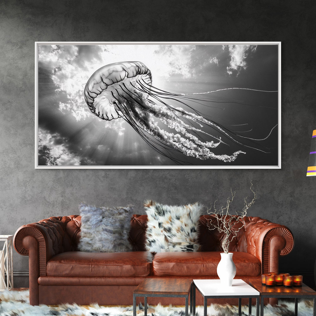 Jellyfish In Light, Ocean Life Art, Monochrome Sea Creature, Canvas Print, Coastal Bathroom Wall Art, Marine Modern Decor, Office Wall Art