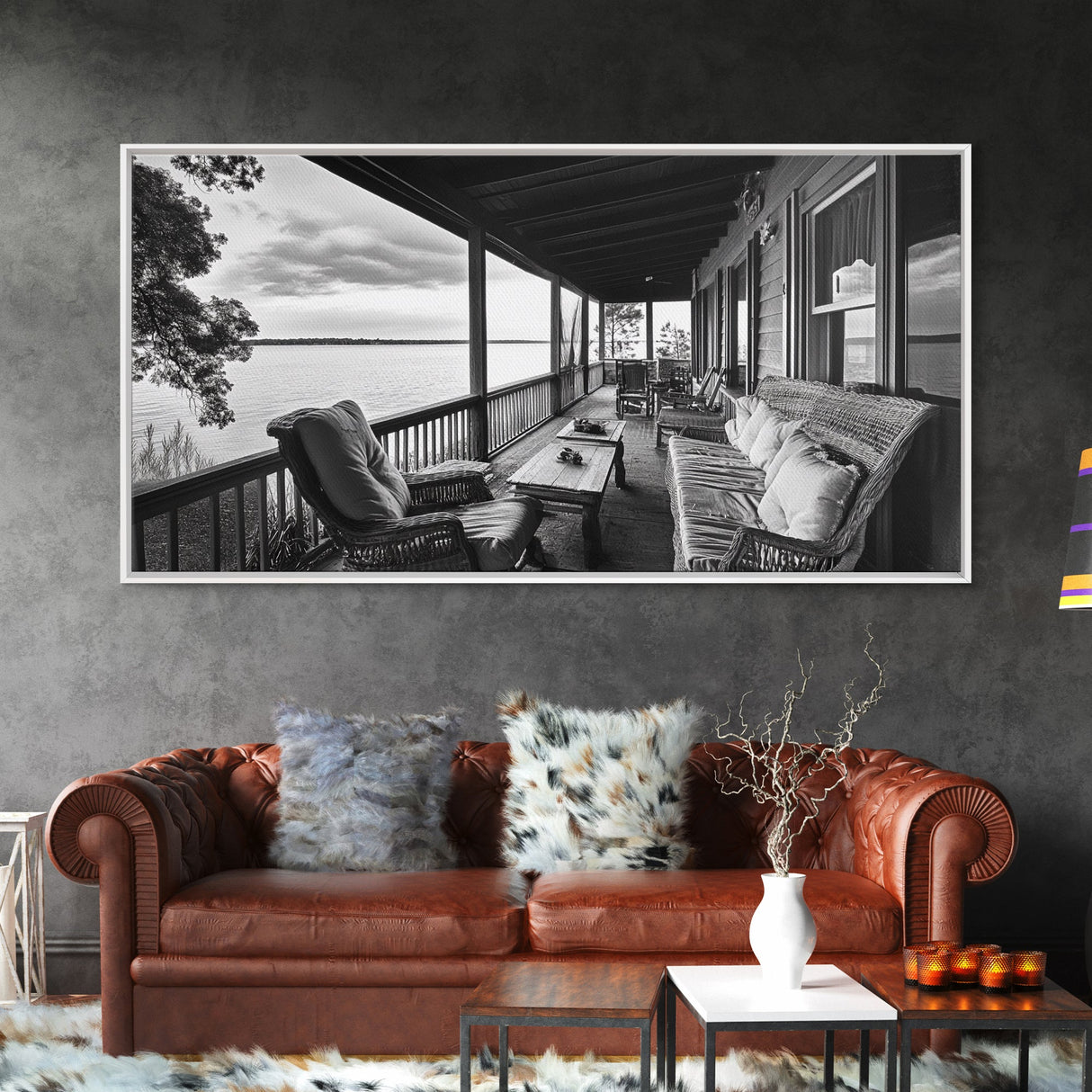 Porch Lake View, Rustic Escape, Cabin Life, Vintage Charm, Framed Canvas Print, Entryway Wall Art, Country Home Aesthetic, Cozy Style
