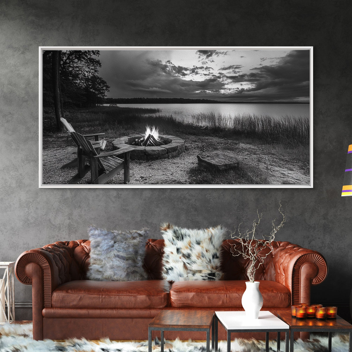 Fire Pit, Lake Sunset, Rustic Outdoors, Autumn Glow, Canvas Print, Cabin Wall Art, Fall Decor, Cozy Fireside Vibe, Nature Escape