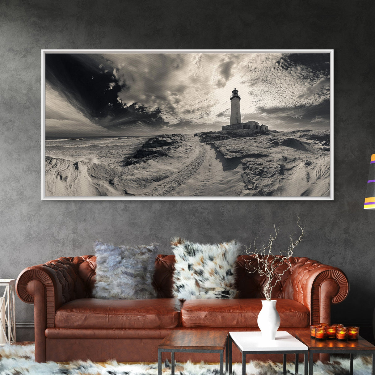 Lighthouse Path, Stormy Beach, Moody Coastline, Wall Decor, Framed Canvas Print, Coastal Wall Art, Rustic Bathroom, Nautical Style Print