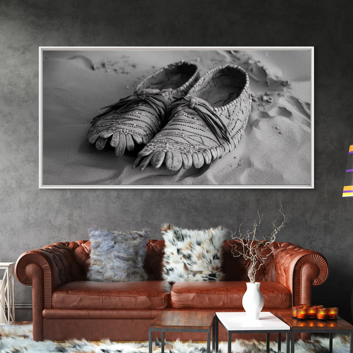 Moccasins in Sand, Rustic Footwear Art, Cultural Detail Photo, Framed Canvas Print, Boho Entryway Wall Decor, Western Minimalist