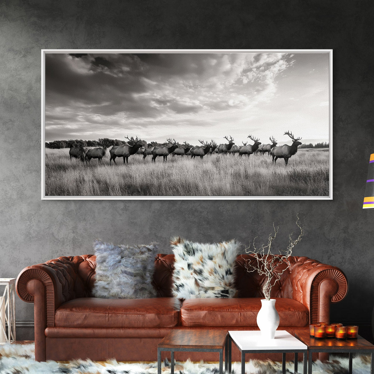 Elk Herd, Prairie Wildlife, Autumn Nature, Rustic Landscape, Framed Canvas Print, Western Wall Decor, Cabin Art, Living Room Print