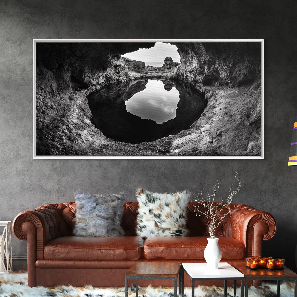 Sea Cave, Rocky Texture, Coastal Reflection, Natural Formations, Framed Canvas Print, Bathroom Art, Earthy Wall Decor, Zen Style