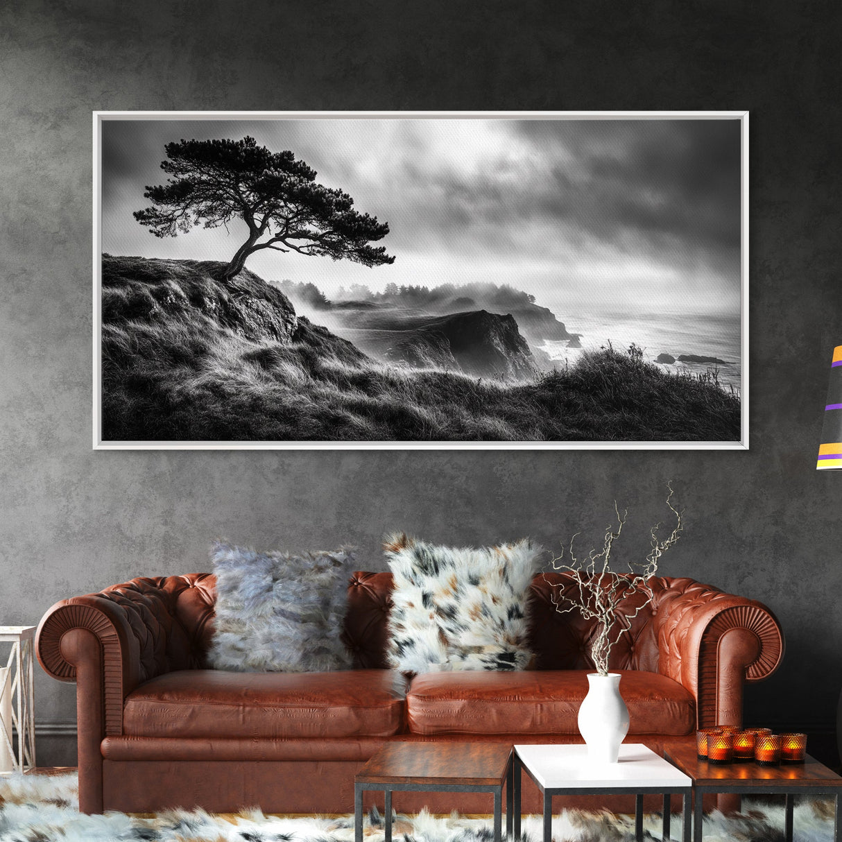 Lone Tree, Foggy Cliffs, Dramatic Landscape, Moody Sky, Framed Canvas Print, Nature Wall Art, Cabin Decor, Autumn Coastal Vibes