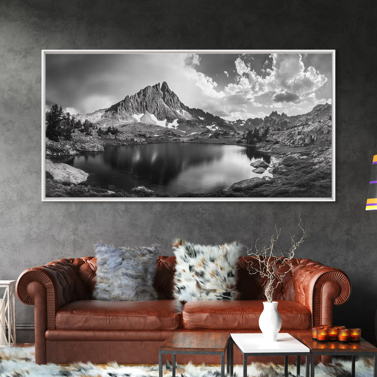 Alpine Lake, Rocky Mountain, Scenic Vista, Nature Reflection, Framed Canvas Print, Rustic Wall Art, Bedroom Wilderness Decor