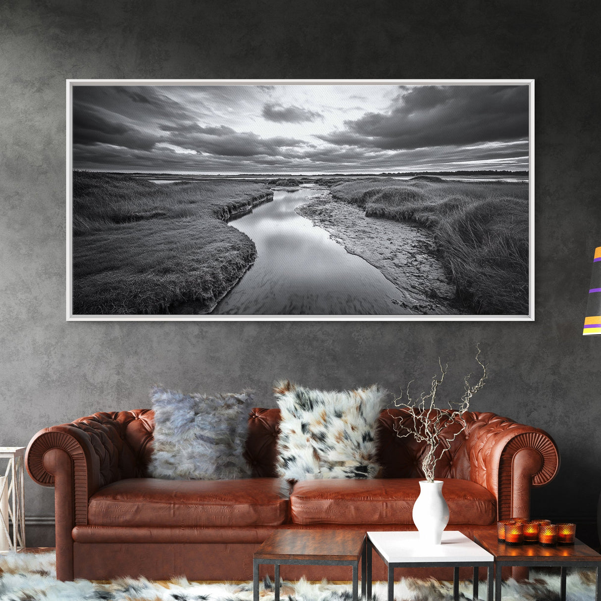 Marshland Serenity, River Flow, Cloudy Mood, Nature Calm, Framed Canvas Print, Coastal Wall Art, Bathroom Tranquil Landscape