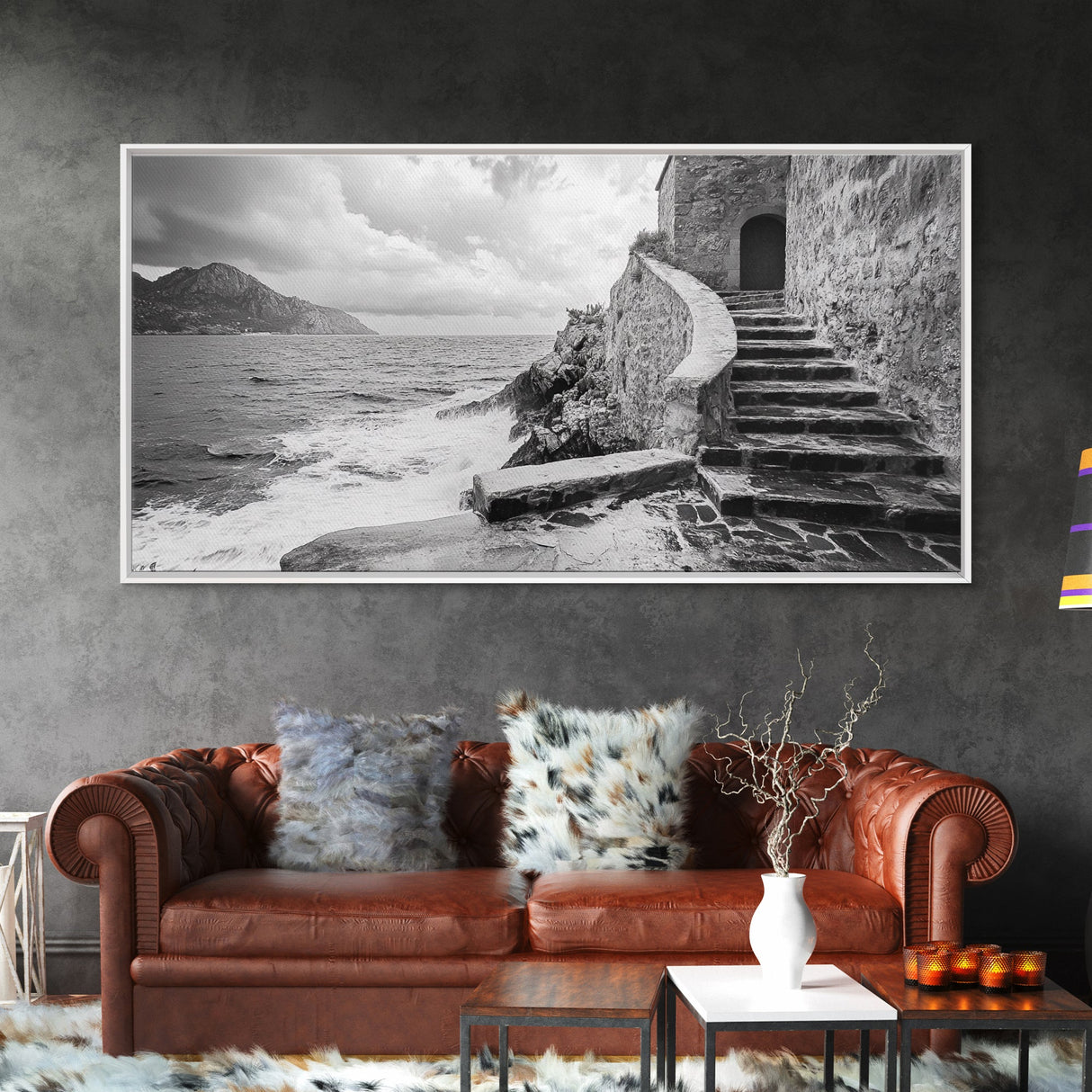 Stone Stairway, Ocean Cliff, Coastal Architecture, Mediterranean Charm, Framed Canvas Print, Rustic Wall Art, Entryway Travel Decor