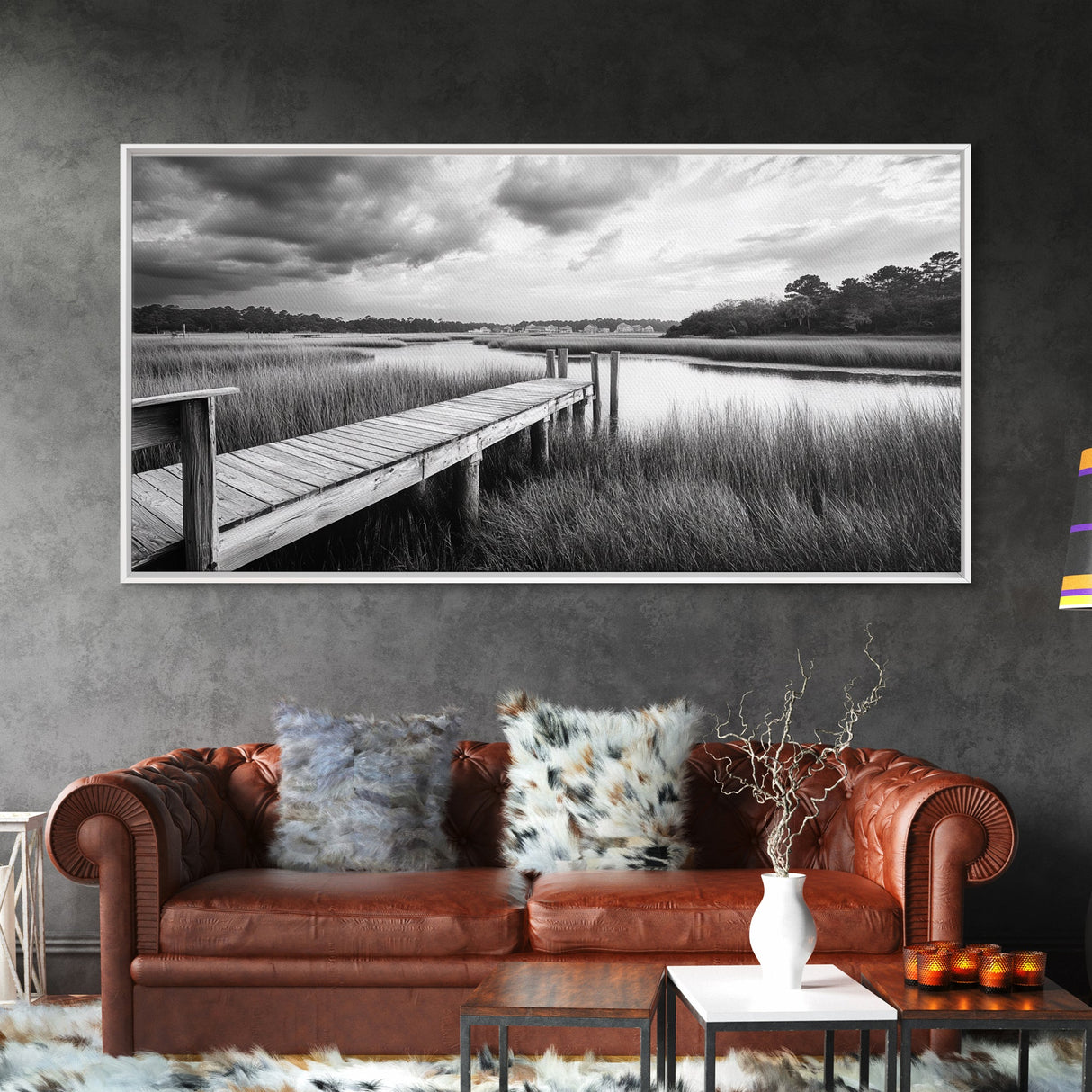 Marsh Dock Scene, Tranquil Water Landscape, Rustic Pier Canvas Print, Black and White Nature, Entryway Art, Coastal Country Home Decor