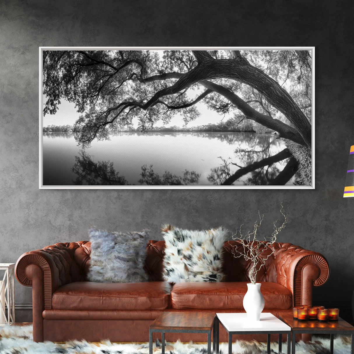 Serene Lake View, Tree Reflections, Calm Nature Landscape, Framed Canvas Print, Minimalist Bedroom or Spa Bathroom Wall Art