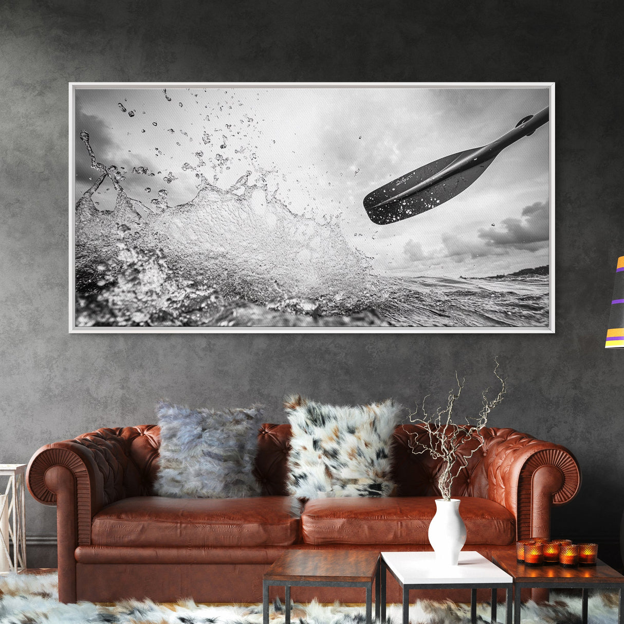 Water Splash Paddle, Adventure Photography, Kayaking Ocean Scene, Framed Canvas Print, Modern Bathroom or Coastal Wall Art