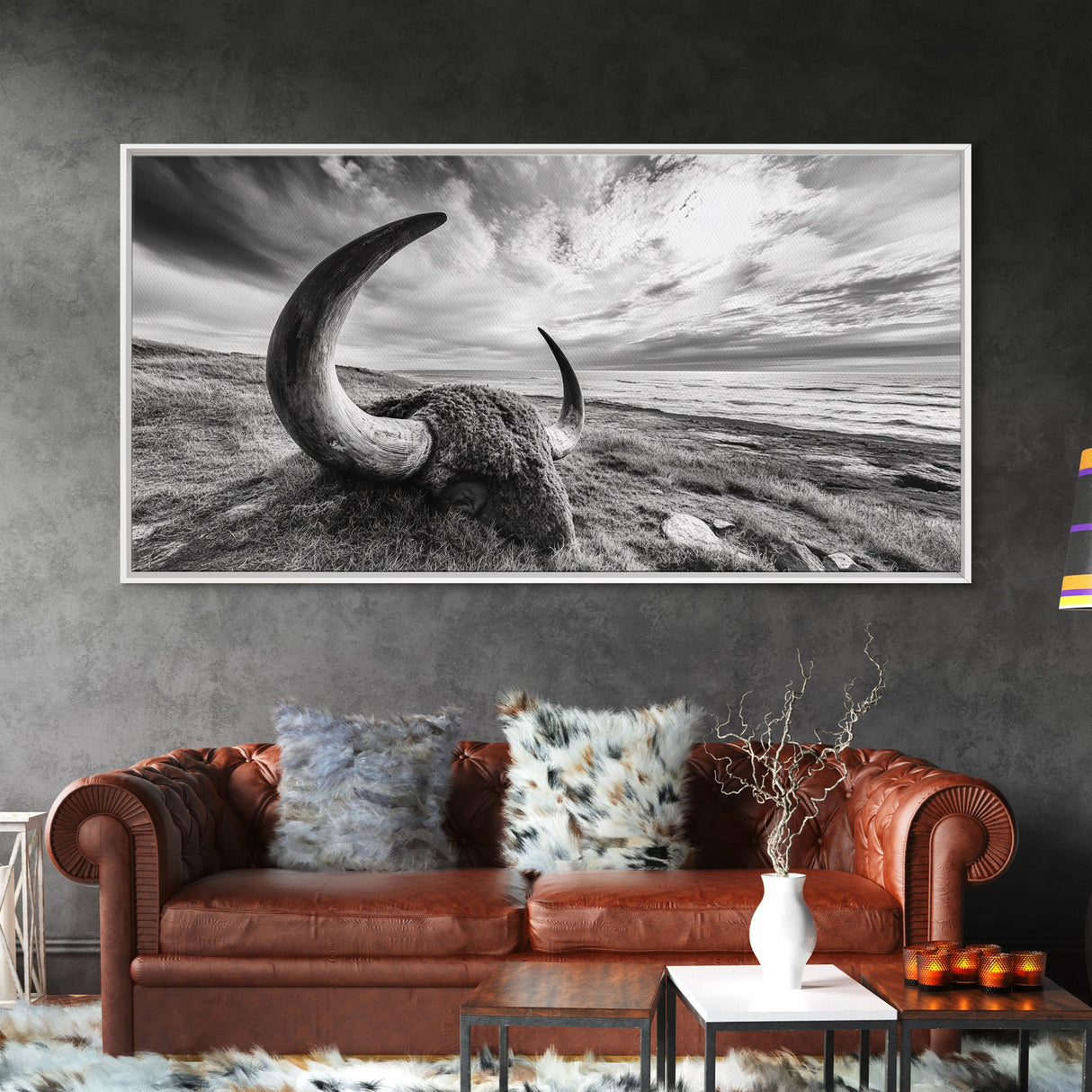 Highland Bull, Ocean Cliff, Coastal Wildlife, Nature Scene, Framed Canvas Print, Rustic Wall Decor, Farmhouse Wall Art, Cabin Aesthetic