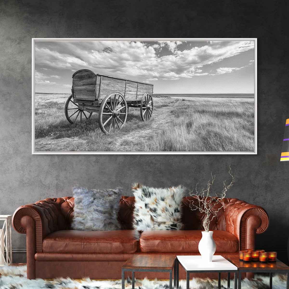 Prairie Wagon, Western Landscape, Old West Photography, Framed Canvas Print, Farmhouse Entryway or Rustic Fall Living Room Art