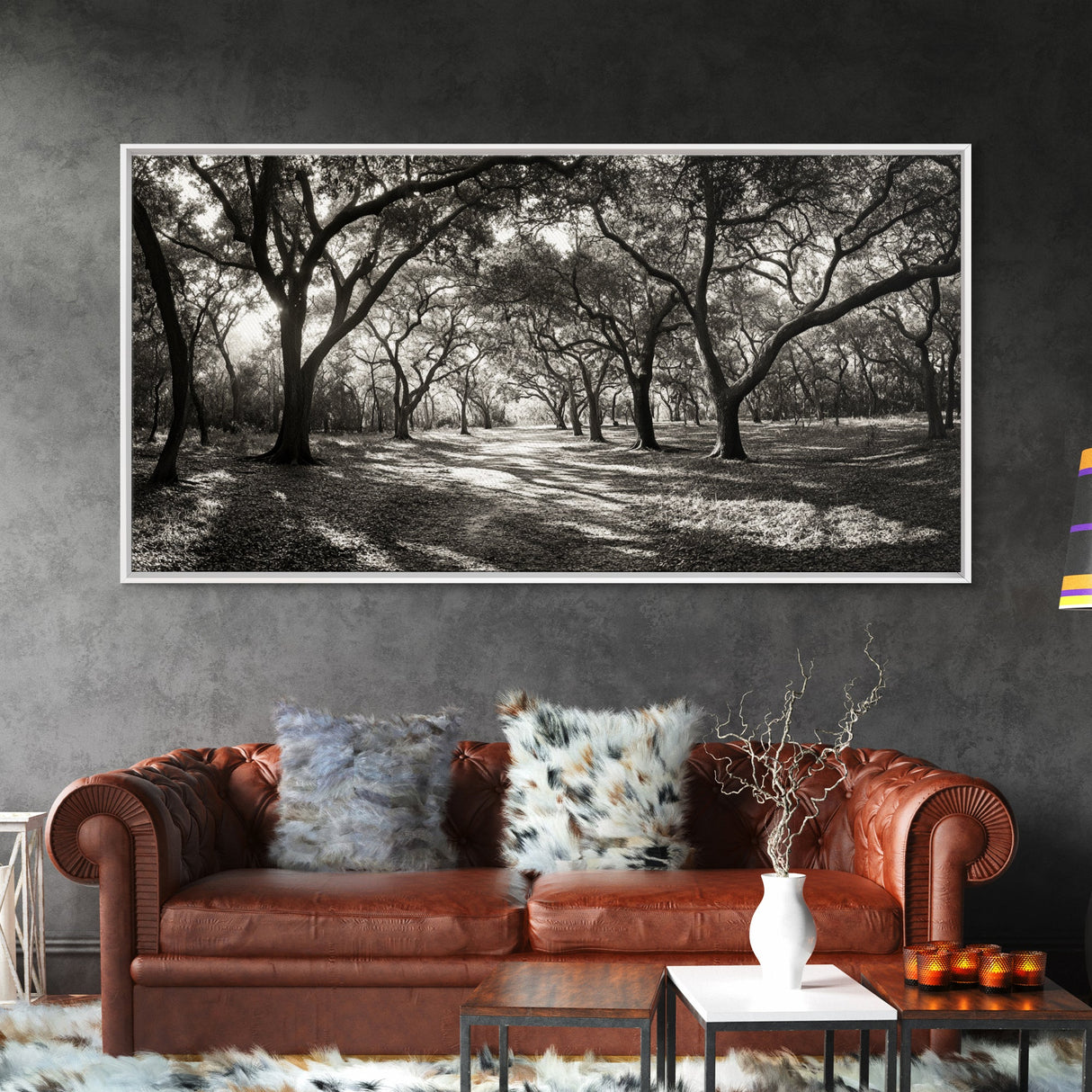 Oak Tree Path, Autumn Forest Glow, Nature Trail Photography, Framed Canvas Print, Hallway Wall Art, Earthy Decor, Woodland Art