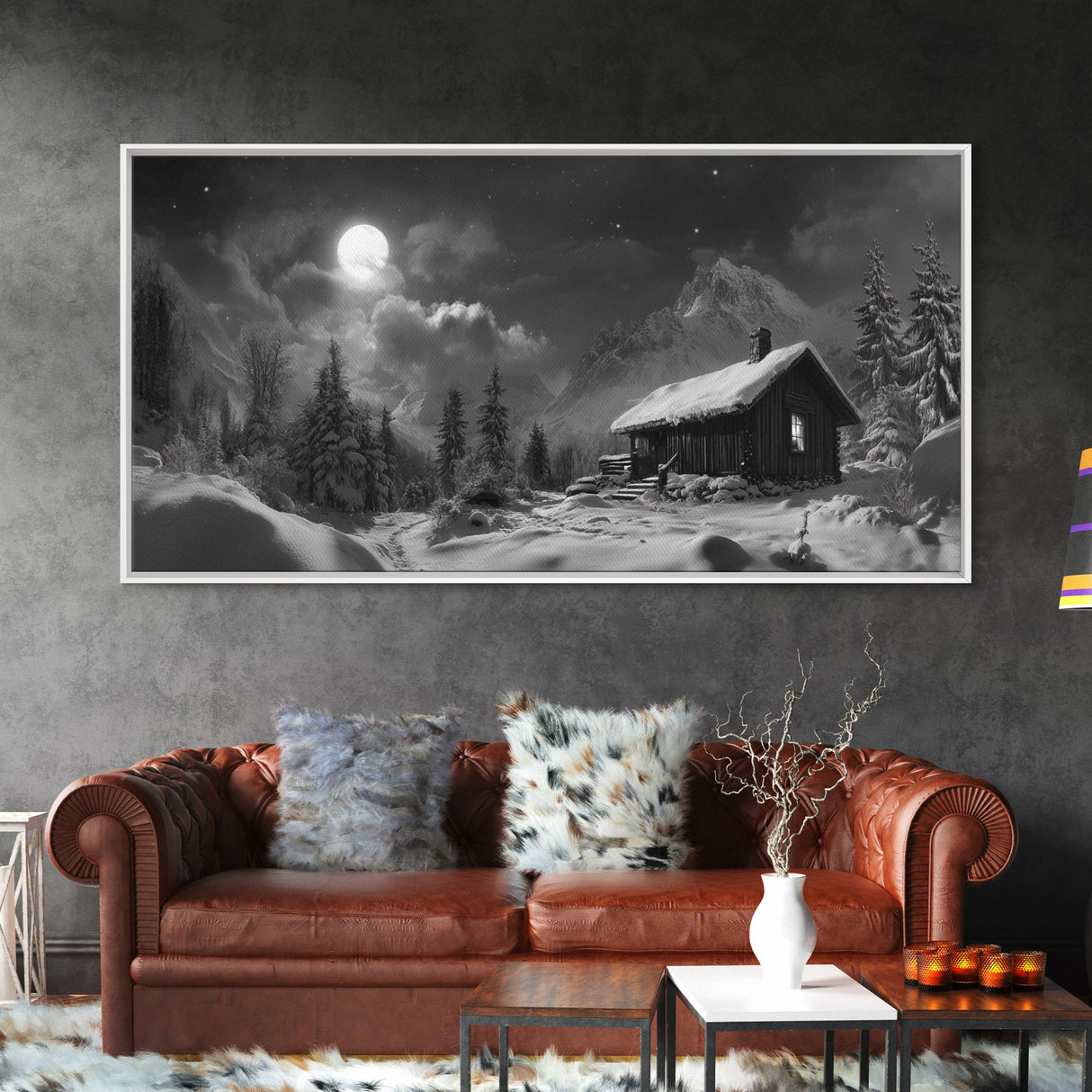Snowy Cabin, Winter Night, Starry Sky, Cozy Mountain Scene, Framed Canvas Print, rustic lodge decor, Christmas art, bedroom wall print