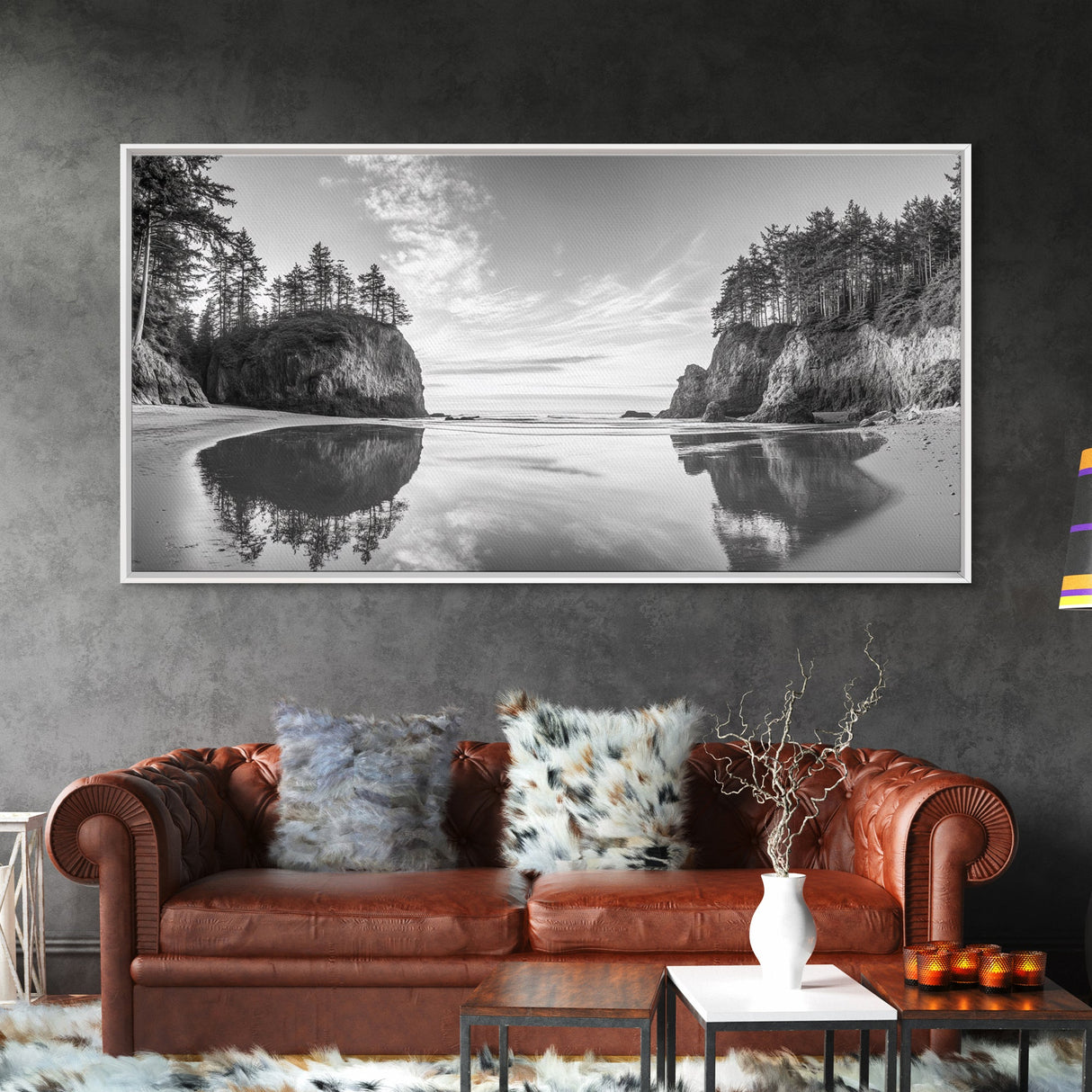 Sea Stacks, Calm Waters, Coastal Trees, Tranquil Morning, Framed Canvas Print, coastal wall art, nature inspired, entryway decor