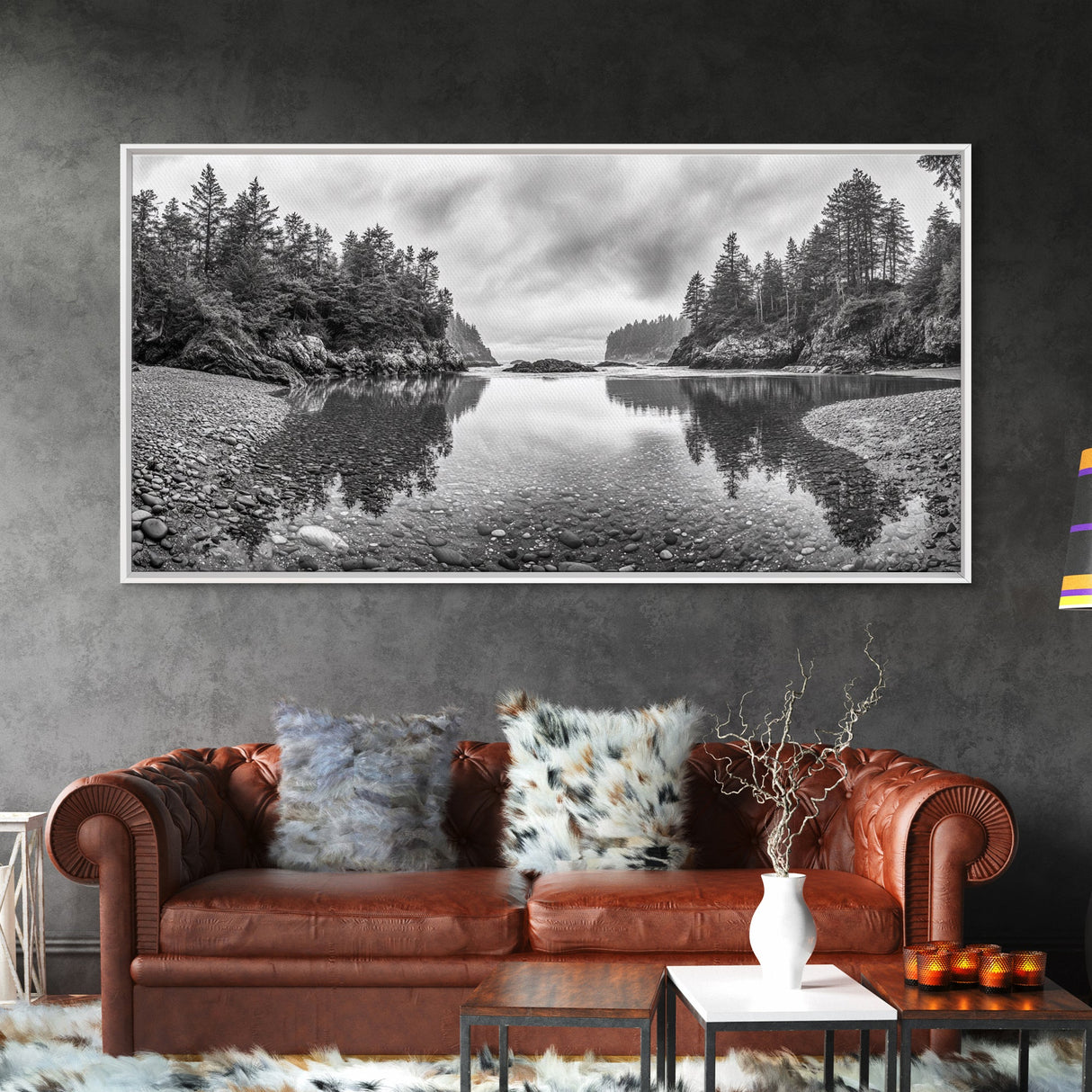 Forest Shoreline, Pebble Beach, Misty Inlet, Calm Waters, Canvas Print, natural modern art, neutral palette, living room wall decor