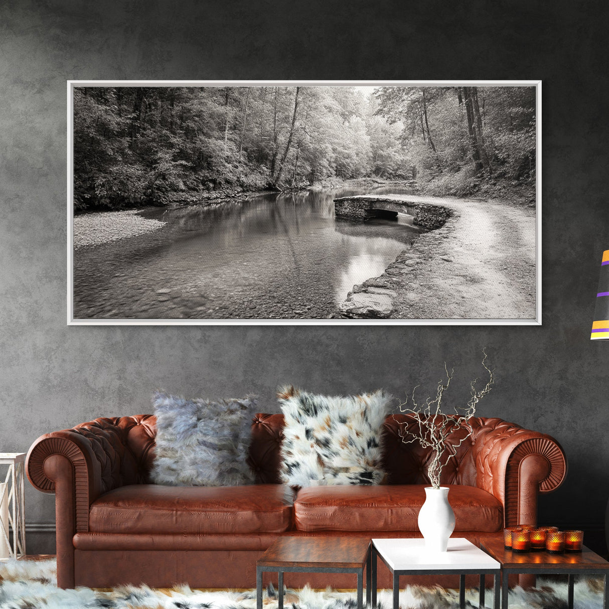 Stone Bridge, Forest Path, Quiet Creek, Peaceful Nature, Canvas Print, tranquil woodland art, Fall entryway piece, rustic landscape