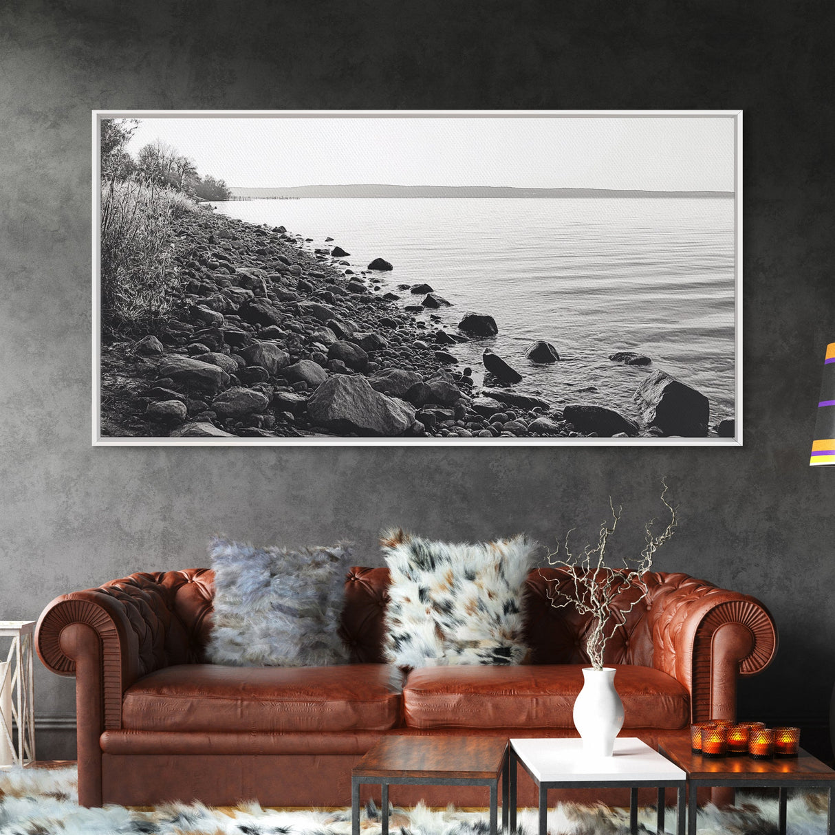 Shoreline Rocks, Quiet Water, Still Landscape, Coastal Photography, Canvas Print, Minimalist Office Art, Calm Nature Scene