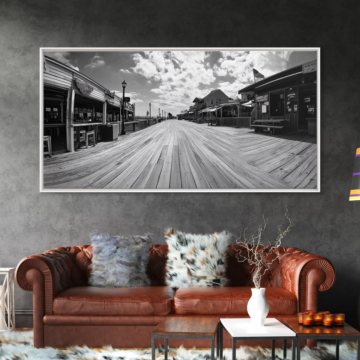 Boardwalk View, Beach Shops, Summer Scene, Coastal Town, Framed Canvas Print, Nautical Wall Art, Dining Room Coastal Decor