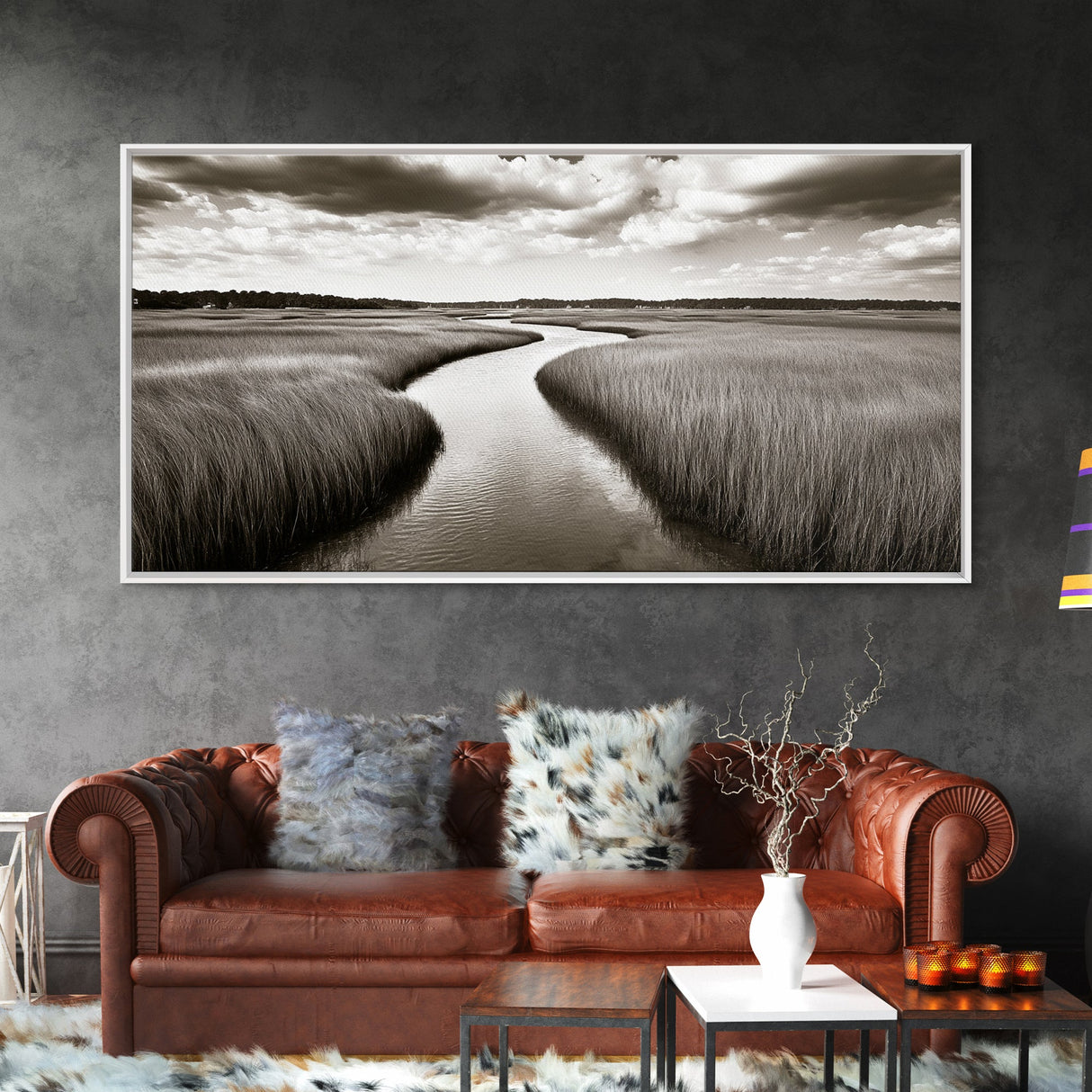 Winding River, Marsh Grass, Nature Path, Sepia Tones, Framed Canvas Print, Country Wall Art, Entryway Decor, Rustic Landscape Aesthetic