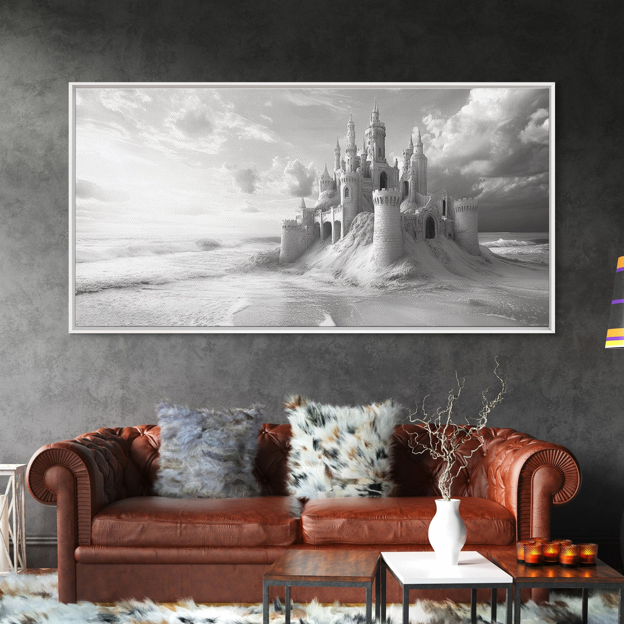 Sandcastle Fortress, Dreamy Seaside Castle, Fairytale Fantasy Art, Ocean Kingdom, Framed Canvas Print, Kids Room Wall Art, Bedroom Wall Art