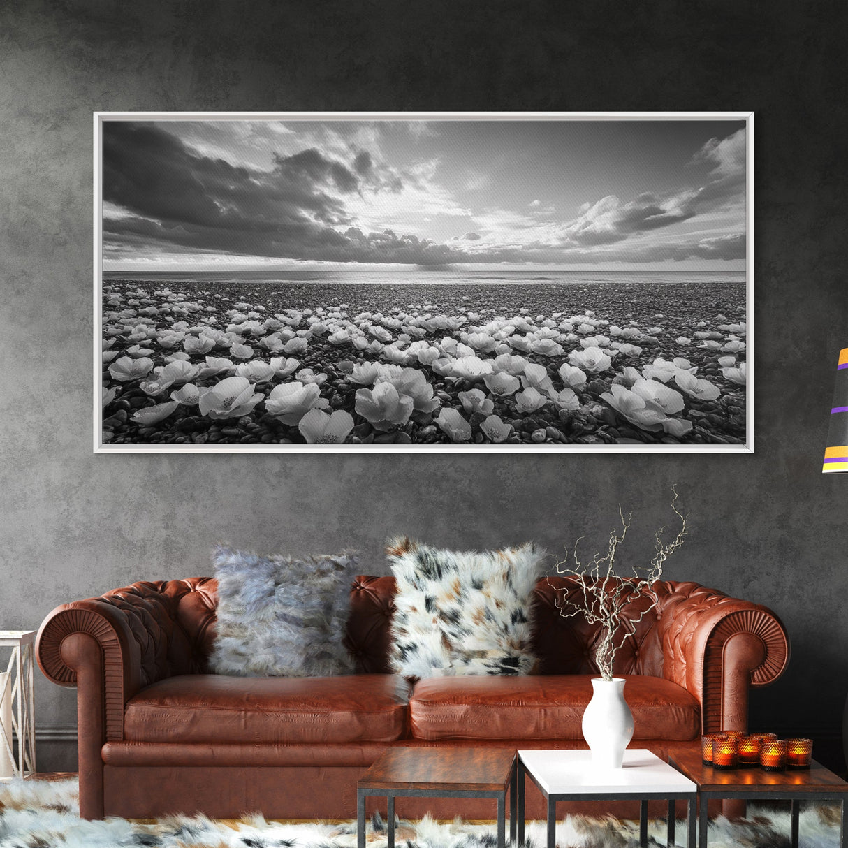 Flower Beach Shore, Coastal Blossoms, Pebble Flower Scene, Nature Bloom Decor, Canvas Print, Living Room Wall Art, Boho Art