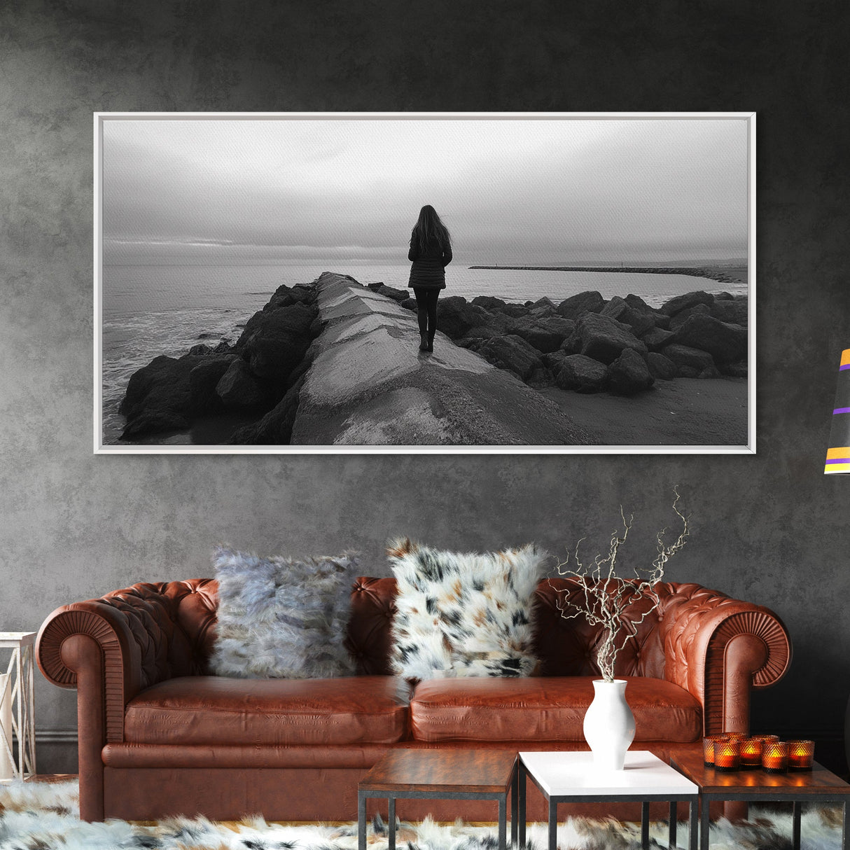 Woman Walking, Jetty View, Seaside Mood, Solitude Moment, Framed Canvas Print, Moody Wall Art, Bedroom Meditation Decor, Boho Decor