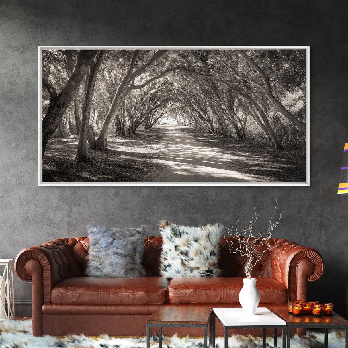 Tree Tunnel Trail, Light Dappled Path, Forest Archway Scene, Framed Canvas Print, Hallway Wall Art, Boho Natural Decor, Living Room Wall Art