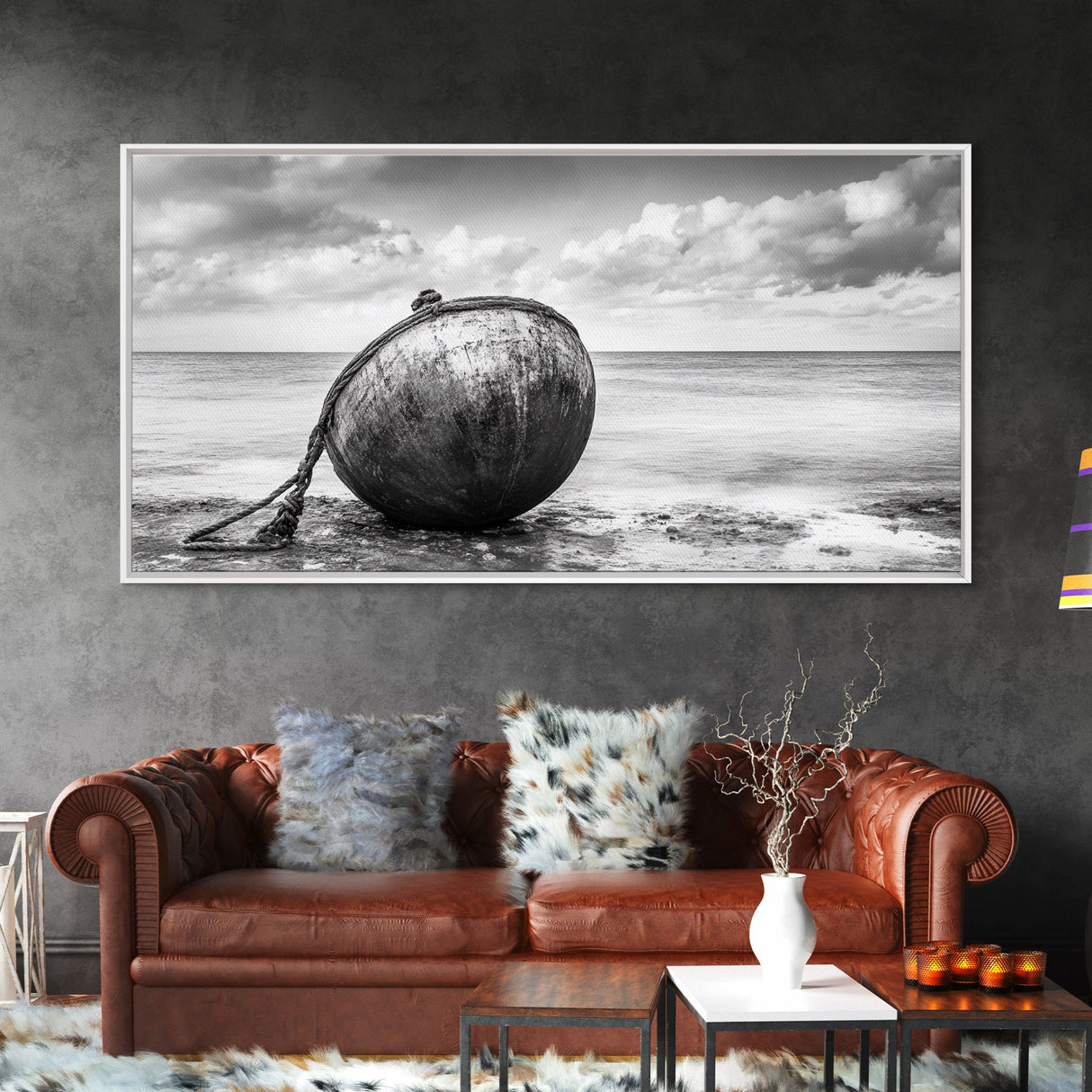 Weathered Buoy, Nautical Rope, Coastal Still Life, Beach Found Object, Framed Canvas Print, Beach House Art, Bathroom Wall Decor