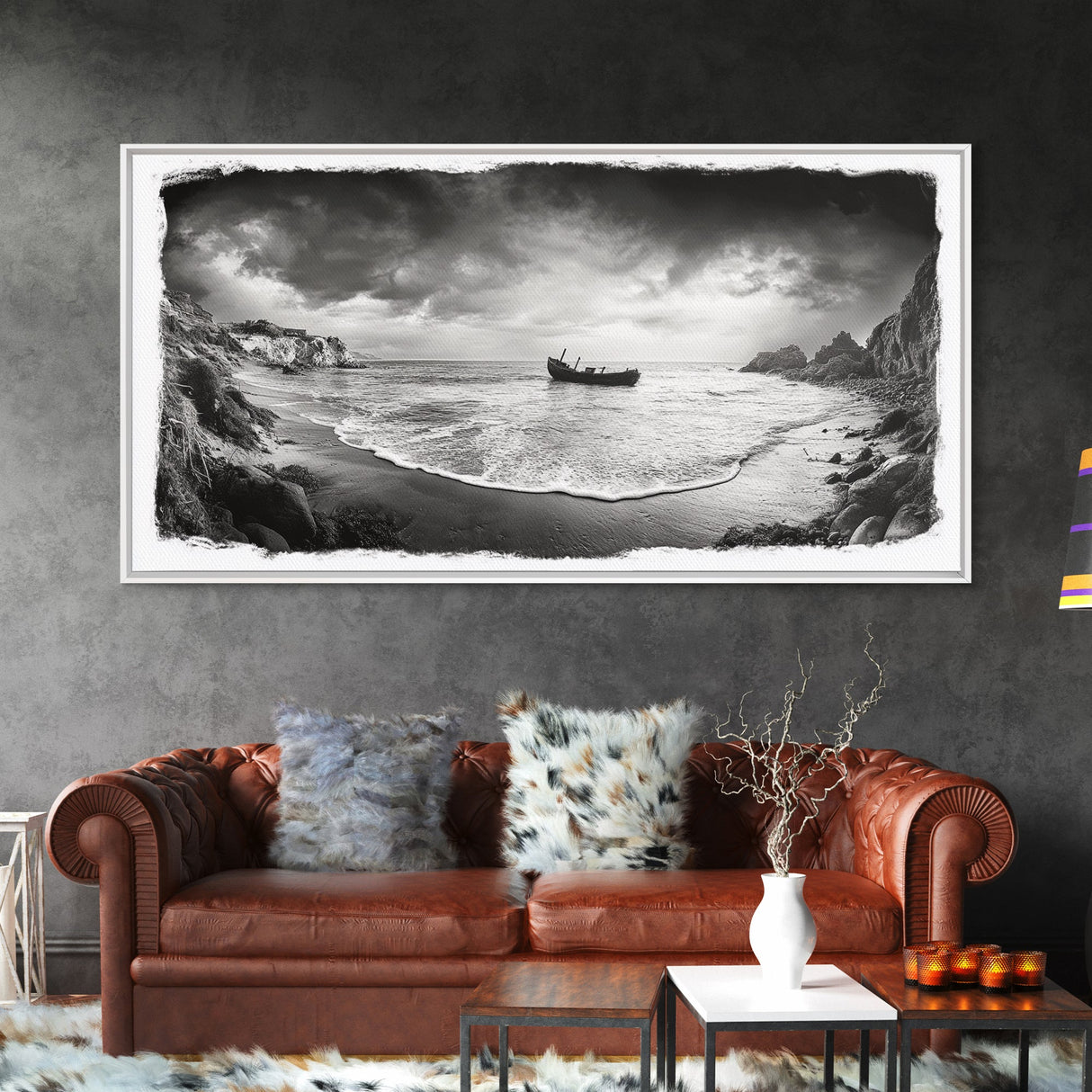 Shipwreck Beach Scene, Dramatic Coastline, Black and White Decor, Framed Canvas Print, Moody Art, Coastal Wall Art, Rustic Bedroom Print