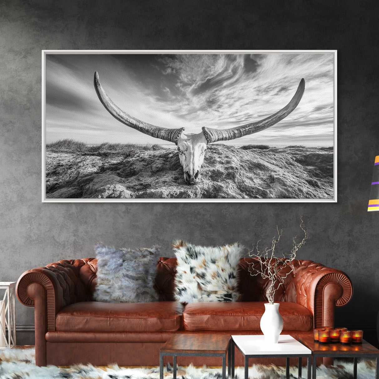 Longhorn Skull, Western Skull, Cowboy Decor, Rustic Ranch Style, Framed Canvas Print, Farmhouse Wall Art, Living Room Statement Piece