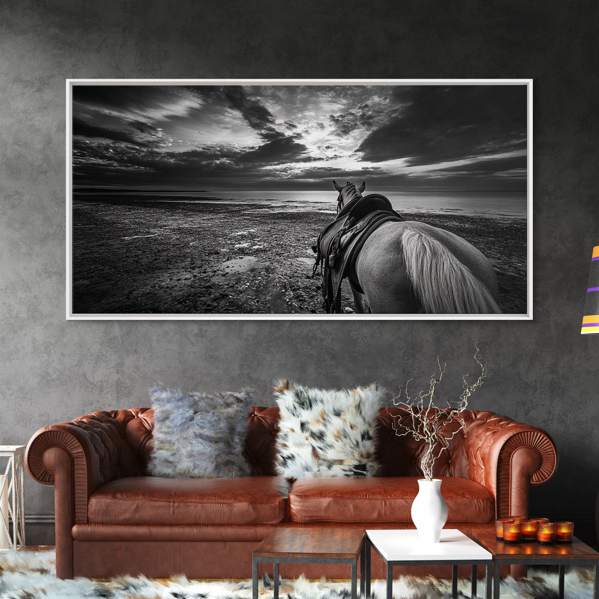 Horseback Beach, Sunset Ride, Equestrian Art, Moody Horizon Scene, Canvas Print, Cowboy Country Decor, Rustic Living Room Wall Art