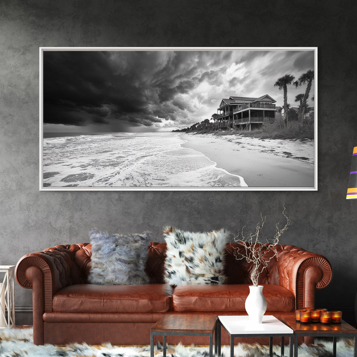 Stormy Beach House, Coastal Decor, Monochrome Photography, Beachfront Scene, Canvas Print, Moody Ocean Wall Art, Bedroom Coastal Wall Decor