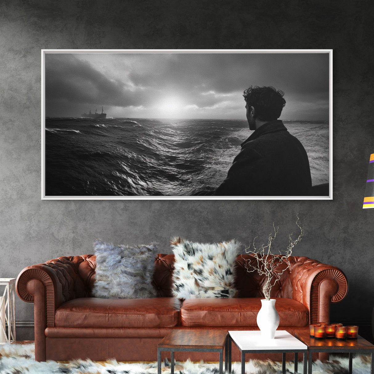 Man Watching Sea, Stormy Ocean View, Emotional Scene, Canvas Print, Moody Coastal Decor, Office Wall Art, Nautical Monochrome Style